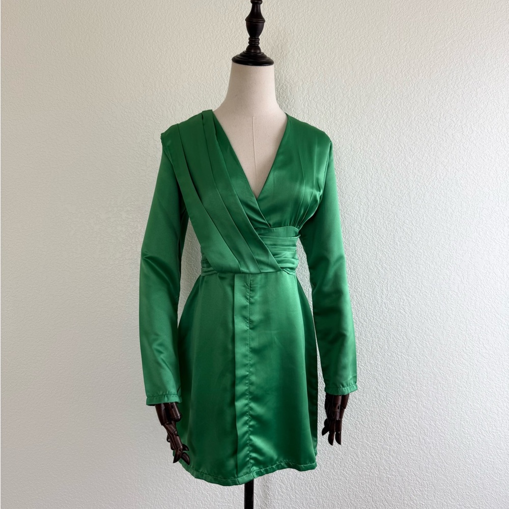 Green Satin Wrap Mini Dress